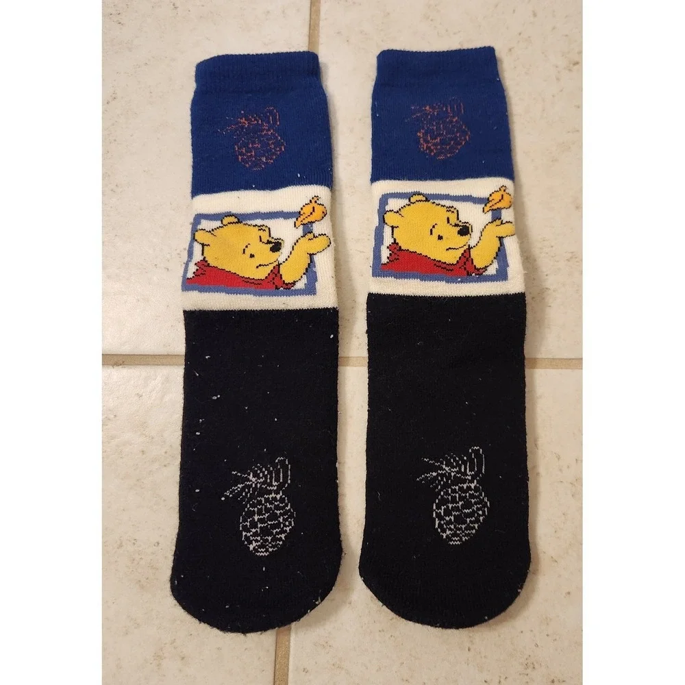 Disney Winnie the Pooh Slipper Socks Blue‎ VTG Black Non Slip Gripper Bottoms